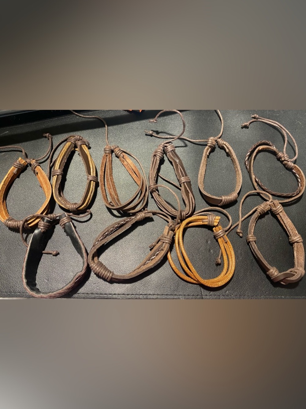 10 Piece Layered Faux Leather and Cord Bracelet Set in Brown and Tan